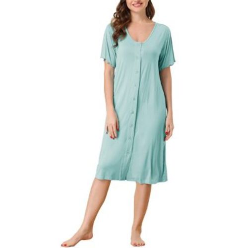cheibear Women's Round-Neck Button-Down Short Sleeve Loose Midi Nightgown Sleep Dress Small Light Green