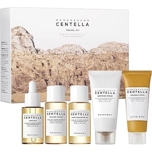 SKIN1004 Centella Travel Kit, Korean Skin Care Set with Toner, Moisturiser, Serum, Cleansing Oil & Cleanser, Travel Size Set with Madagascar Centella, Sensitive Skin, Perfect for Travel Beauty & Gifts