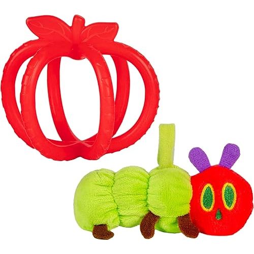 Kids Preferred Eric Carle Toddler Toys The Very Hungry Caterpillar Stuffed Animal Rattle and Red Apple Silicone Teether Newborn Baby Teething Toys Set