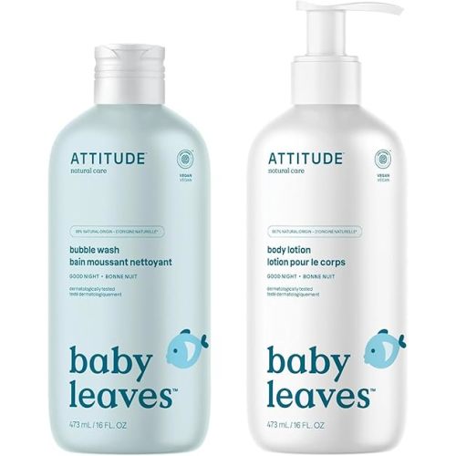 Bundle of ATTITUDE Bubble Body Wash for Baby and Body Lotion for Baby, EWG Verified, Dermatologically Tested, Plant and Mineral-Based, Vegan, Good Night, 16 Fl Oz