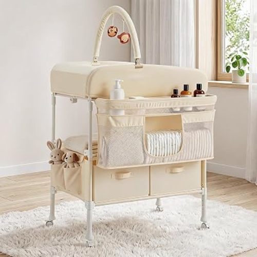 Garvee Foldable Baby Changing Table, Waterproof, Portable Diaper Changing Station with Drawers, Mobile Nursery Organizer, Spacious Diaper Changing Table for Baby, Newborn and Infant