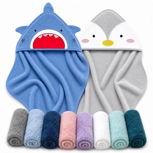 Cute Castle 2 Pack Hooded Baby Towel Rayon Made from Bamboo with 8 Washcloths - Soft Bath Towel for Bathtub for Babie, Newborn, Infant, Natural Baby Stuff Towel (Shark and Penguin)