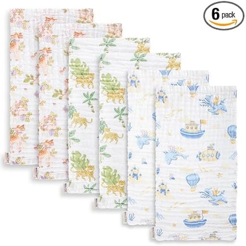 Maliton Muslin Baby Burp Cloths 20" x 10" - Large, 6-Layer, Ultra Absorbent 100% Cotton for Baby Drool & Messes, Soft, Pack of 6, Safe & Gentle Baby Rags for Boys & Girls - Floral