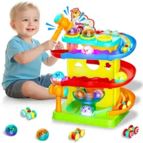 [Children's Day Gift] Toddlers' 2-in-1 Rolling Ball & Racing Car Ramp Toy Set, Race Track with Hammer, Lights & Ball Drop, Montessori Interactive Learning Game, Birthday Gift for Kids Ages 2–5 , Girls & Boys, Ramp Set, Hammer Light,back to school - TikTok