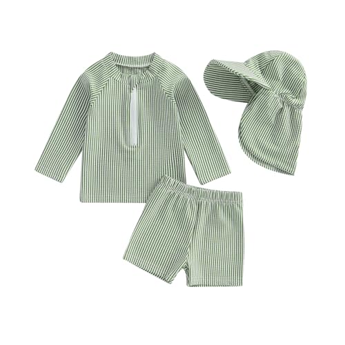 Nibbcoa Toddler Baby Boys Seersucker Long Sleeve Swimsuit Trunks Bathing Suit Swimwear with Hat 3Pcs Rash Guard Set
