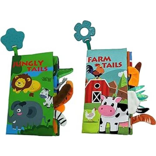 2 in 1 Soft Baby Book Cloth Crinkle Baby Books,Infant Toddler Baby Book, Early Education Teether Teething Sensory Toys, Farm & Animal Toy,Unbreakable Books, 0-18 Months Boy Gifts