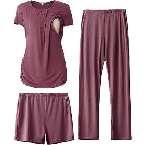 SUNNYBUY Womens Maternity Nursing Pajamas Set, Short Sleeve Breastfeeding Shirts，Pregnancy Shorts & Pants 3 Piece Nursing PJS