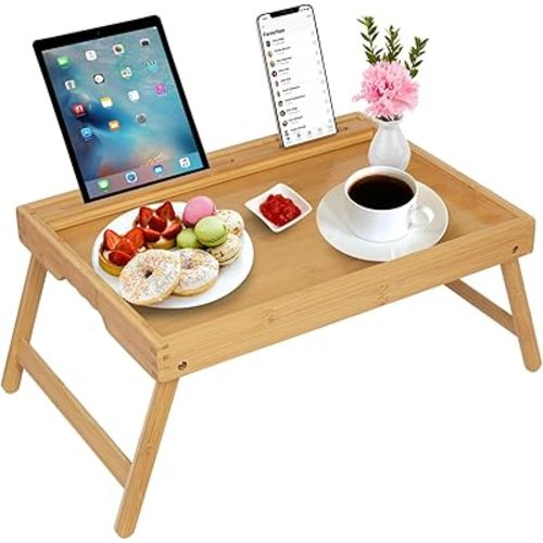 Artmeer Bed Tray Table with Folding Legs, Bamboo Breakfast Food Tray with Media Slot, Use As Platter, Laptop Desk, Snack, TV Tray Kitchen Serving Tray (Bamboo Large)