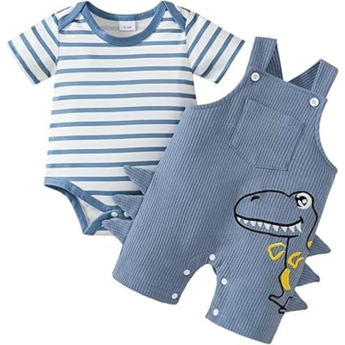 Baby Boy Clothes Infant Boys Summer Outfits Short Sleeve Striped Romper Dinosaur Overall Shorts Set 0-18 Months