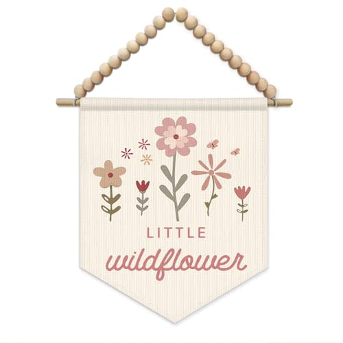 SJDFCSA Boho Girl Nursery Wall Art Decor, Wildflower Nursery Decor, Little Wildflower Pink Boho Wall Hanging Display Pennant Flag for Girls Toddler Kids Room Bedroom Playroom