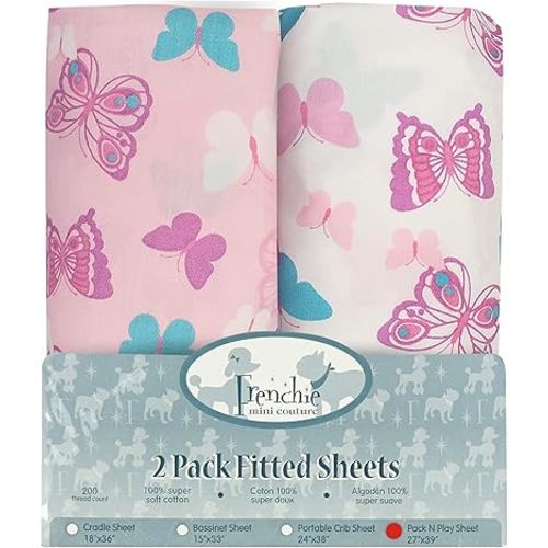 Frenchie Mini Couture, Fitted Pack n Play Sheets, 2 Pack, 100% Woven Cotton, Pack and Play Mattress Sheets, Fits Most Mini Crib & Playard, 27 x 39 x 4in, Butterfly