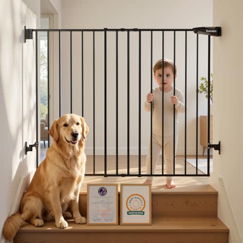 Babelio Baby Gate for Stairs, Kitchen & Doorways, No Bottom Bar| Easy Installation| One-Handed Operation| Auto-Close| Hardware Mount (Drill Needed) Safety Dog Gate (Black - B17, 34" H, 29-49" W-Wide)