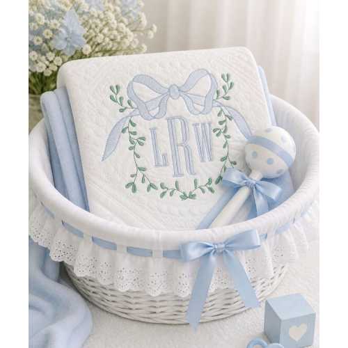 Embroidered Monogram Baby Quilt Personalized Heirloom Nursery Decor Vine with Bow, Sprinkle Shower Gift