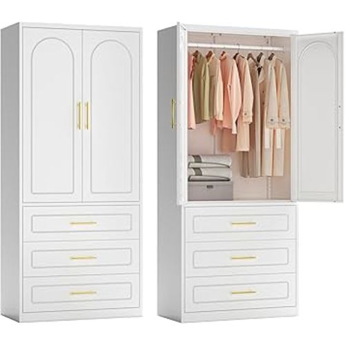 Armoire Wardrobe Closet with Three Drawers, 71" Tall Large Wardrobe Cabinet with Hanging Rod, Clothing Metal Storage Cabinet with Doors and Shelves for Bedroom, White, Assemble Required
