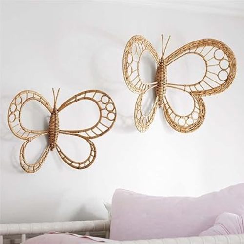 GHuBafy 2-Piece Rattan Butterfly Wall Decor Set, Handwoven Boho Wall Hanging for Bedroom, Living Room, Above Bed or Couch, Natural Wicker Wall Art for Photography Props, Background Wall Art