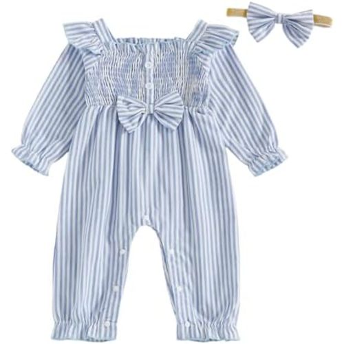 Newborn Infant Smocked Baby Girl Clothes Plaid Bubble Romper Long Leg Bodysuit Bow One-Piece Jumpsuit