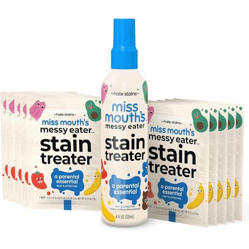 Miss Mouth's Messy Eater Stain Treater Spray - 4oz & 10 Wipes Stain Remover - Newborn & Baby Essentials - No Dry Cleaning Food, Grease, Coffee Off Laundry, Underwear, Fabric