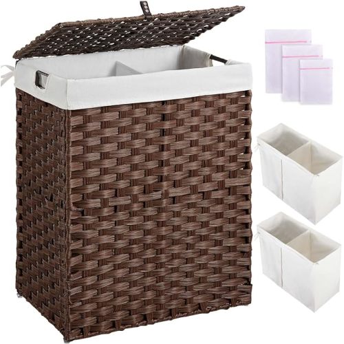 Greenstell Laundry Hamper with lid, No Install Needed, 90L Wicker Laundry Baskets Foldable 2 Removable Liner Bags, 2 Section Clothes Hamper Handwoven Rattan Laundry Basket with Handles, Brown