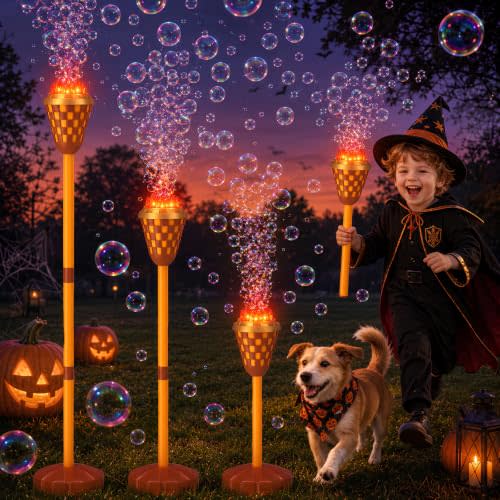 Yunaking Bubble Machine Torch Camping Halloween Toy for Kids 3-12 Year Old | Standing/Handheld Bubbles Maker with Flame Light Music, 3 Adjustable Height, 3 Solutions, Backyard Party Decor, Kids Gifts