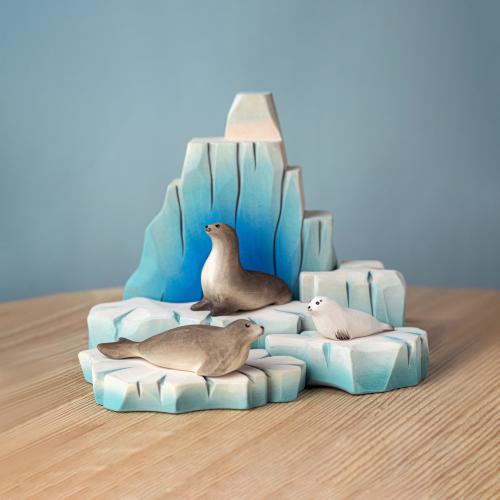 Handmade Wooden Harp Seal Family and Iceberg SET | Montessori Ice Cliffs