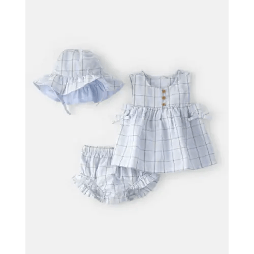 Baby Girl 3-Piece Plaid Hat, Top & Short Set - Blue | Carter's