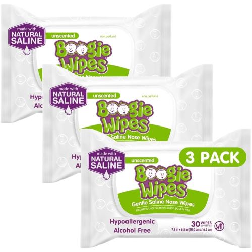 Saline Nose Wipes by Boogie, for Baby & Kids, Face, Hand & Body, FSA/HSA Eligible, Made with Vitamin E, Aloe, and Natural Saline, Unscented, 30 Count (Pack of 3)