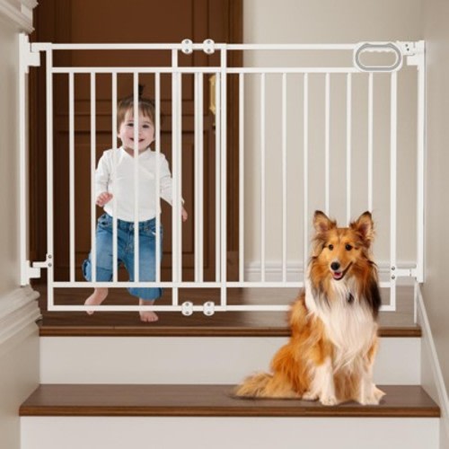 GROWNSY Baby Gate for Stairs- No Bottom Bar, Adjustable Width 29.8'' to 43.5'' for Child and Pet, with Auto-Close & One-Hand Operation, White