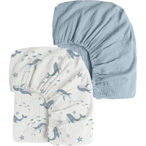 Konssy Muslin Crib Sheets 2 PCS, 100% Cotton Baby Crib Sheets for Standard Crib Mattress (28"x 52"), Soft and Breathable for Boys, Girls (Blue Whale,Blue)