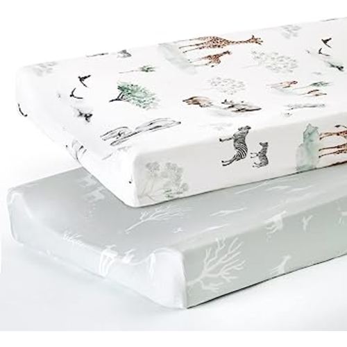 GRSSDER Stretch Ultra Soft Jersey Knit Changing Pad Cover Set 2 Pack, Change Table Pad Covers Fit 32"/34" x 16" Pads Safe and Snug, Pretty Pattern for Boys and Girls, African Savannah Animals
