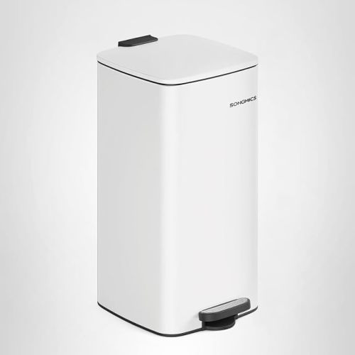 SONGMICS Kitchen Trash Can, 8-Gallon (30 L) Trash Bin, Stainless Steel Garbage Can, with Inner Bucket, Soft Close and Stays Open, Cloud White ULTB593W01