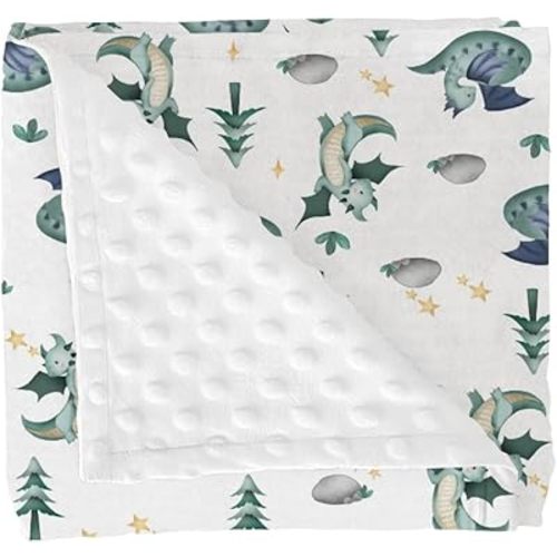Fairytale Dragon Trees Stars Baby Blankets for Girl Boy Cute Dragons Green Soft Mink Dotted Backing Double Layer Swaddle Receiving Blanket Fantasy Animal Bed Throws for Newborn Toddler Nursery 30x40