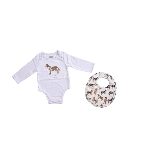 Mud Pie Golden Retriever Baby Crawler and Bib Set, Dog Bodysuit Outfit with Muslin Bib, 0 to 6 Months