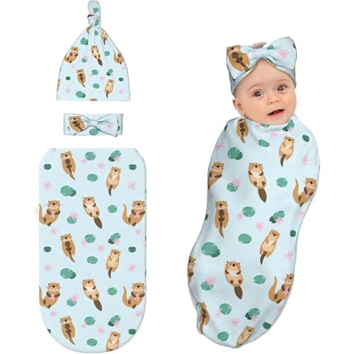 Cute Otters Baby Swaddle Blanket with Headband and Beanie Set, Soft Newborn Blanket Outfit Infant Shower Gift for Boys Girls
