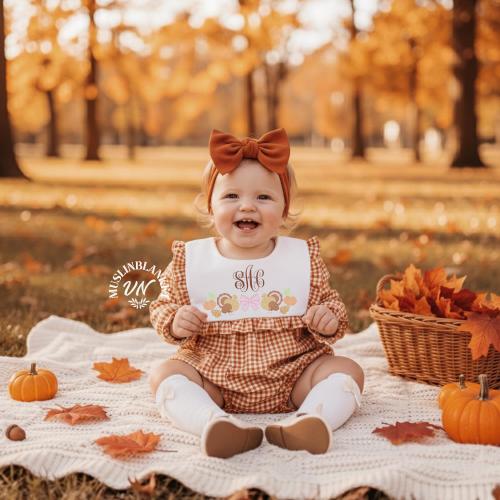 Personalized Fall Burnt Orange Gingham Turkey Bubble Romper, Pumpkin Pie Monogram Embroidery, Baby Girl Thanksgiving Outfit Toddler Outfit