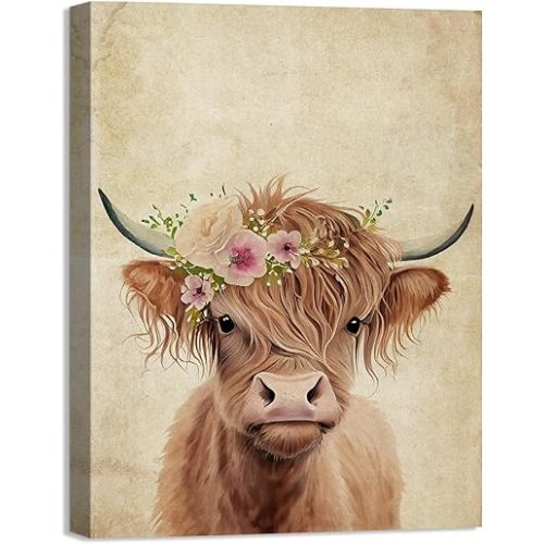 Highland Cow Canvas Wall Decor Funny Cow with Pink Flowers Wall Art Print Retro Animal Framed Artwork for Living Room Bedroom children's room Home Decoration Ready to Hang 12x16 Inch