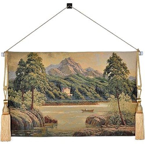 Vintage Nature Tapestry Wall Hanging Set with Telescopic Rod & Tassels - Jacquard Woven Fabric Aesthetic Lake & Mountain Landscape Wall Tapestry for Bedroom/Living Room Decor Green Art (42"x27")