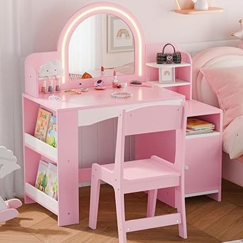 MU Kids Vanity with Lights, Princess Makeup Vanity Desk with Open Bookshelf, Storage Cabinet & Shelves, 2 in 1 Toddler Vanity Table & Chair Set with Lighted Mirror for Little Girls, Pink
