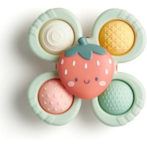 Itzy Ritzy Pop & Whirl Fidget Spinner Baby Bath & Travel Toy (Strawberry) | Textured Silicone Poppers Support Fine Motor Skills, While The Suction Base Keeps Play Secure On Highchairs, Tables, & Tubs