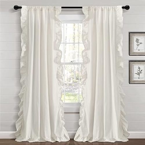 Lush Decor Farmhouse Reyna Ruffle Window Curtain Panel Pair, 52" W x 84" L, Neutral