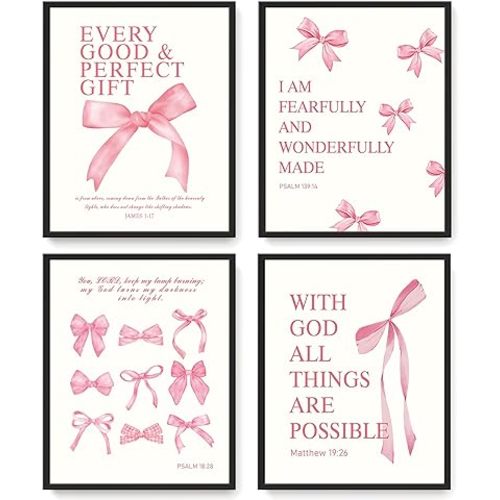 LARTSFRO Coquette Pink Bow Wall Art Decor Posters, Pink Bow Room Bedroom Bathroom Dorm Wall Art Decor Aesthetic for College Teen Girls Gifts, Inspirational Bible Verses Bow Wall Decor, 10x8 Inch Set of 4 Pcs Bow Pictures (FRAMED)