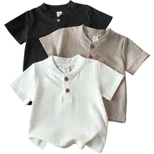 Baby Boys 3 Pack Short Sleeve Casual Tees Shirts Tops Solid Button Tee Shirt Henley T-Shirt for Toddler 6M-3Y