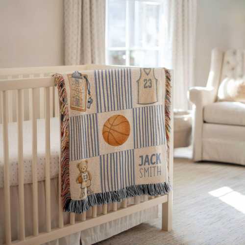 Personalized Basketball Blanket Gift Custom Name Baby Blanket Basketball Boy Sport Nursery Theme Basketball Gift for New Dad Vintage Room