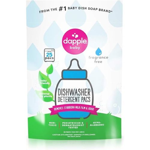 Dapple Baby Dishwasher Detergent Pods - 50 Count - Fragrance-Free, Hypoallergenic & Plant-Powered Dishwasher Pacs - Removes Milk Residue From Baby Bottles