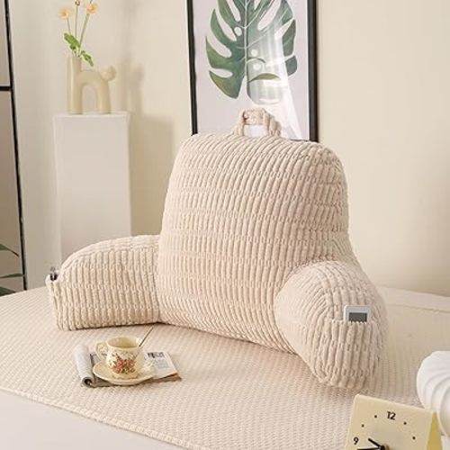 Large Reading Pillow for Sitting Up with Arms,White Corduroy