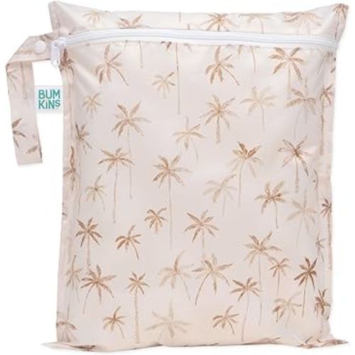 Bumkins Waterproof Wet Bag for Baby, Travel, Swim Suit, Cloth Diapers, Pump Parts, Pool, Beach, Gym Clothes, Toiletry, Hook to Stroller, Daycare, Zipper Reusable Wetdry Packing Pouch, Palm Trees