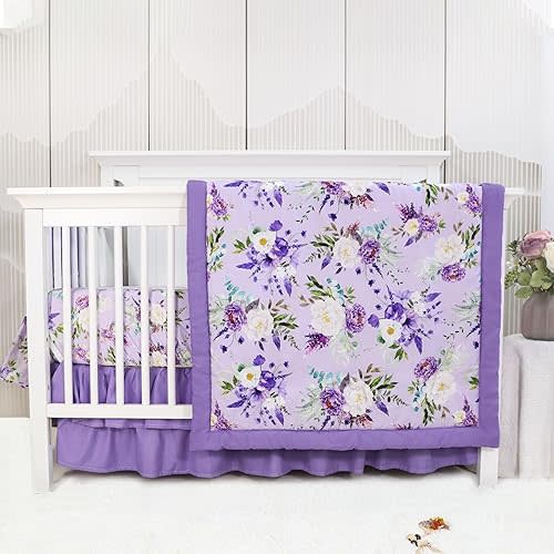 Crib Bedding Set for Girls, Purple Baby Crib Bedding Set 4 Piece, Baby Girl Nursery Bedding Set Including Comforter, Fitted Crib Sheet, Crib Skirt, Diaper Stacker, Floral