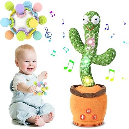 Baby Essentials Sensory Toys, Baby Toys 2 in 1 Rechargeable Dancing Talking Cactus&Teething Toys Newborn Infant Learning Developmental Gifts for 1 2 Year Old Boys Girls