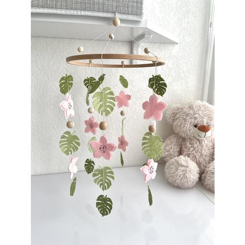 Monstera Wooden Baby Mobile nursery, Jungle theme Mobiles for Nursery, Monstera tropical leaves jungle nursery Felt leaf mobile neutral