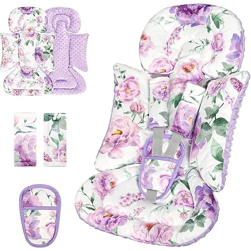 Infant Car Seat Insert, Soft Baby Car Seat Head & Body Support for Girl Boy, Reversible Newborn Preemie Carseat Insert Cushion with 3 Straps Pads Fits CarSeat, Stroller, Swing, Bouncer, Purple Floral