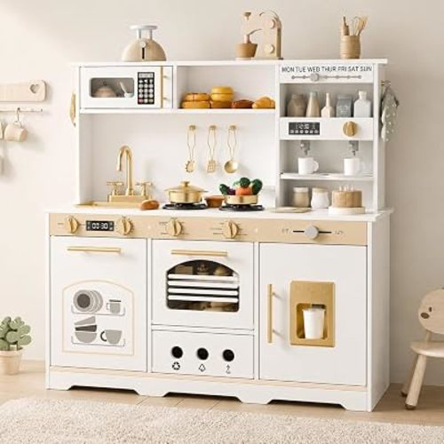 Play Kitchen Set, Kids Kitchen Playset with 21 Fun Accessories, Toy Kitchen with Realistic Appliances, Smart Storage, Wooden Play Kitchen for Kids, Gift for Ages 3+ (White)